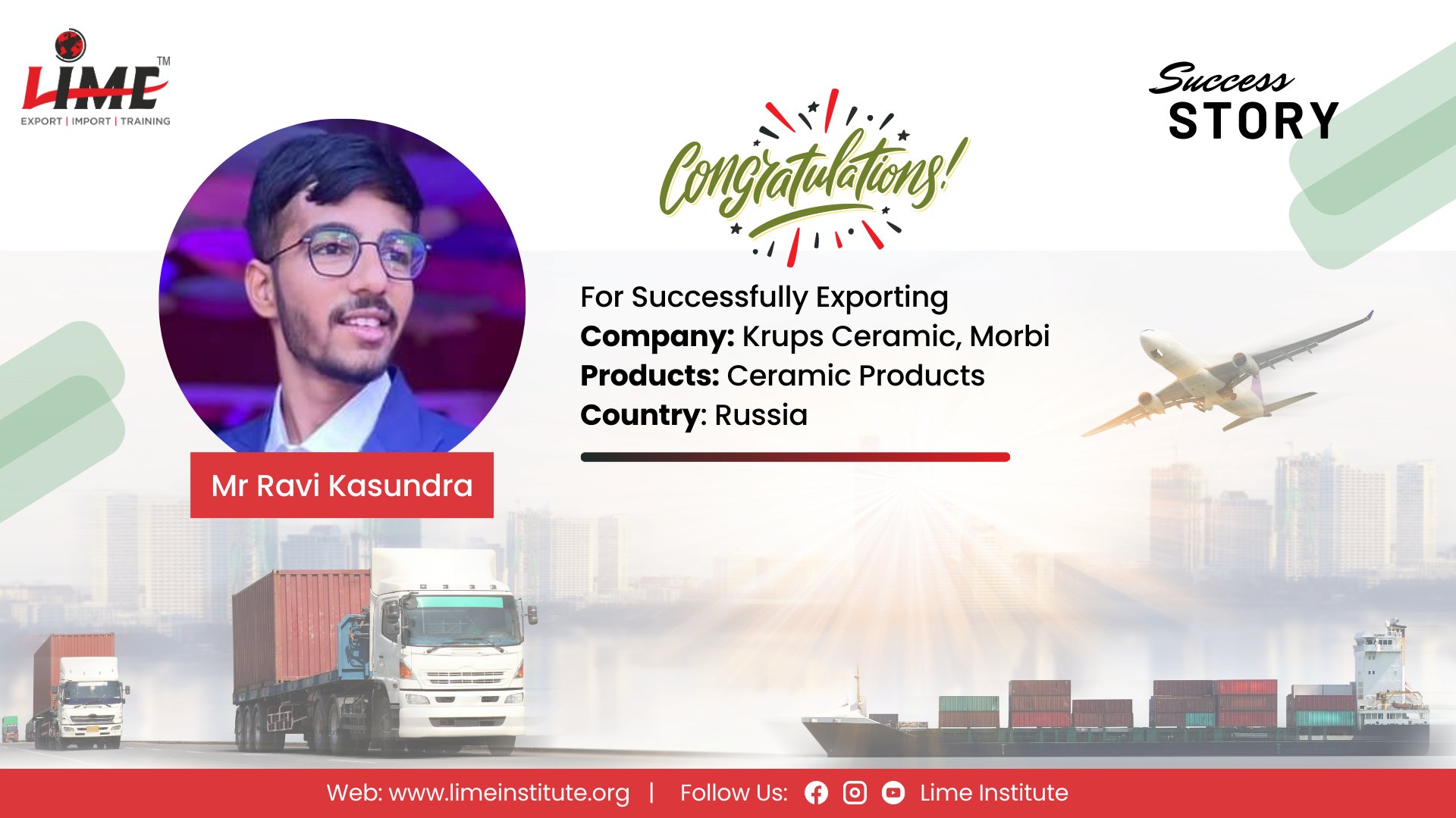 Congratulations, Ravi Kasundra!  We are thrilled to celebrate your remarkable success in the world of export business. Your dedication, hard work, and entrepreneurial spirit have propelled you to new heights, and we couldn't be prouder.